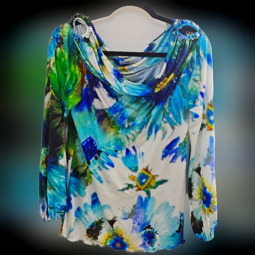 Blumarine Blue Green Floral Draped Neck Blouse
